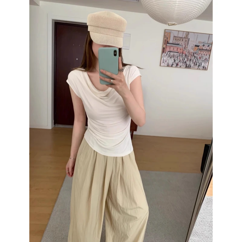 褶皱慵懒随意荡领包肩2025夏季爆款素颜视觉修身立体系韩系上衣