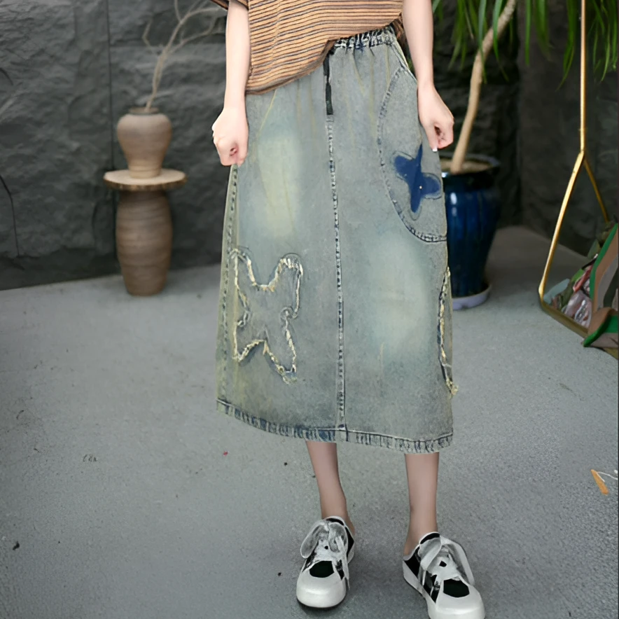 JJ2025夏季新款牛仔裙绣花中长半身裙