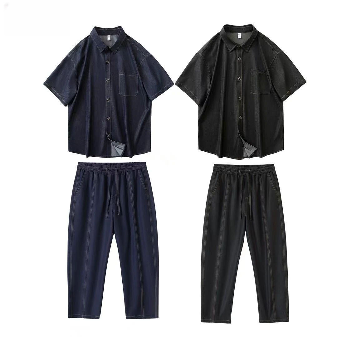 夏季ins阳离子套装简约软冰丝牛仔衬衫短袖轻奢百搭男透气牛仔裤