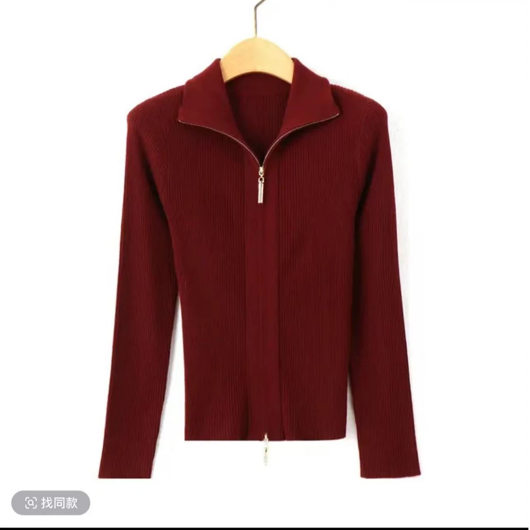 1纯色双拉链针织开衫秋冬季修身显瘦