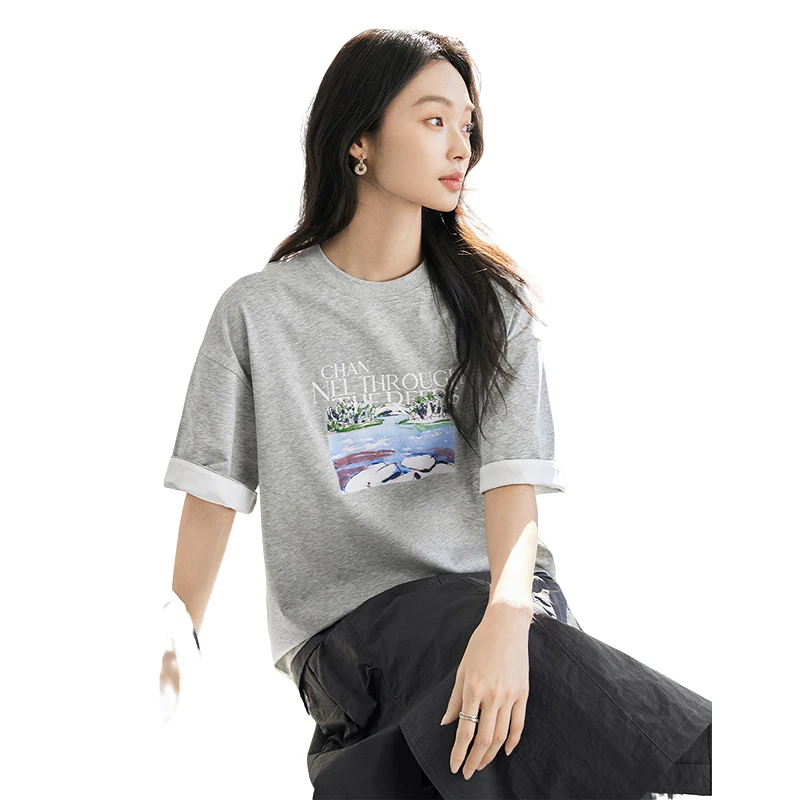对白艺术画作灰色休闲字母印花T恤女通勤短袖上衣DYZB-FDT009