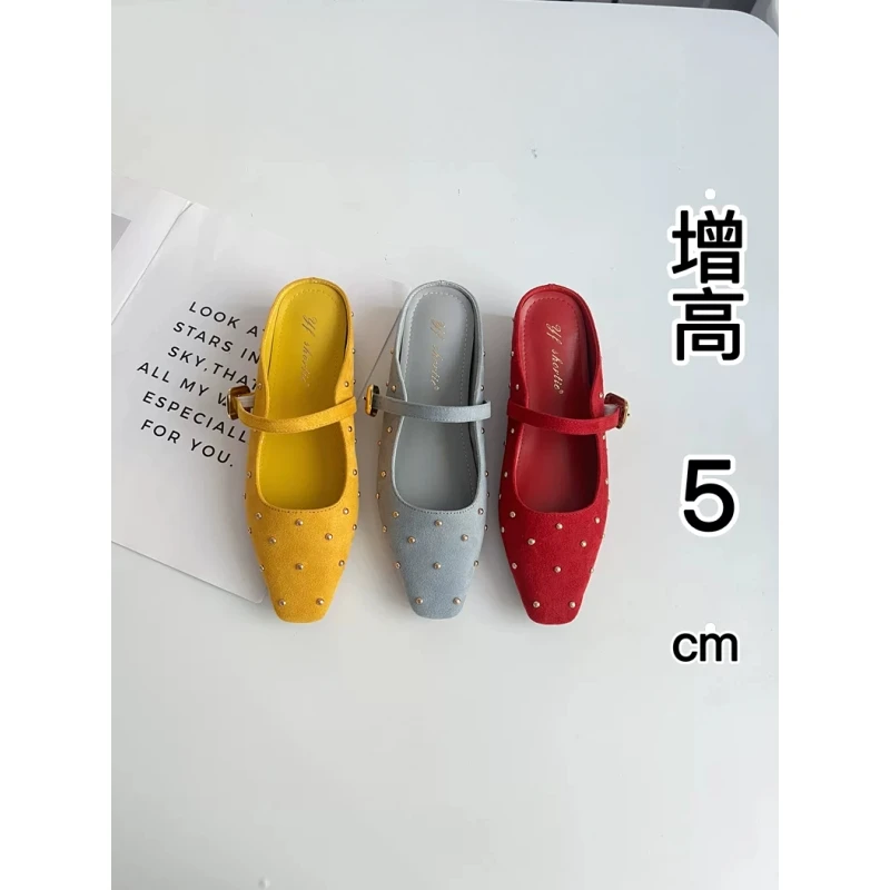 内增高女鞋铆钉金属一字带包头半拖外穿25夏新款法式方头软底凉鞋