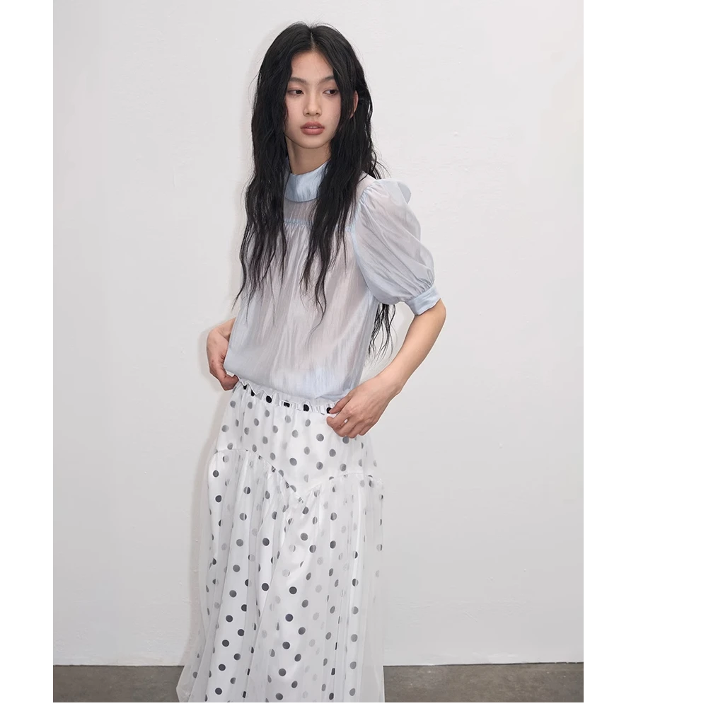 lvetong原创设计法式天蓝色泡泡袖立领抽褶拼接花边收腰短袖T恤女