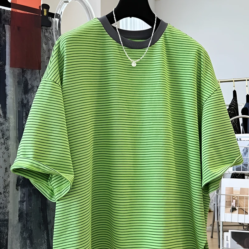 时尚气质半袖慵懒风宽松T恤2025夏季新款休闲多巴胺减龄条纹上衣