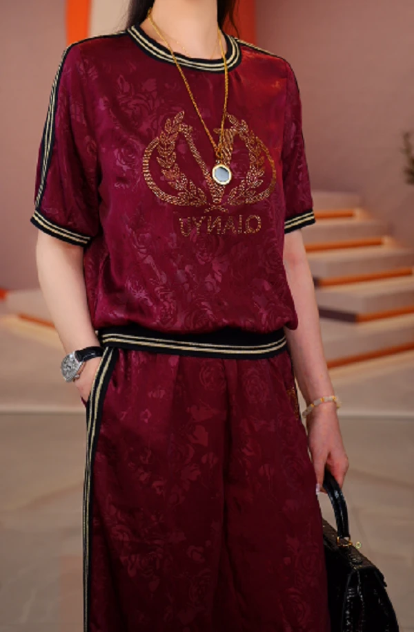 套装气质长袖印花春季套头复古金丝常规外套秋冬修身V25Z353