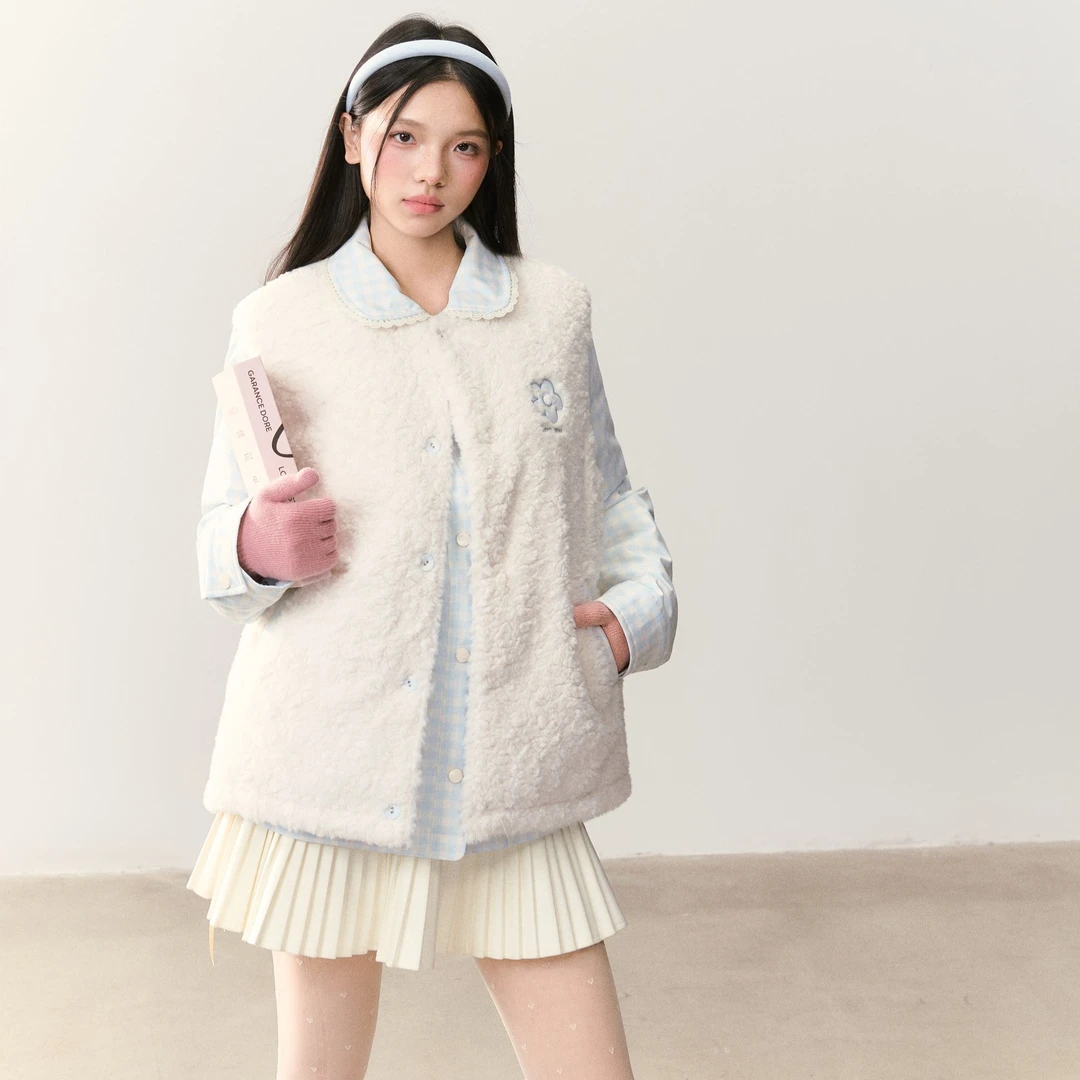 umoumo乌蘑原创毛毛格子印花双面穿马甲UMOMJ14788