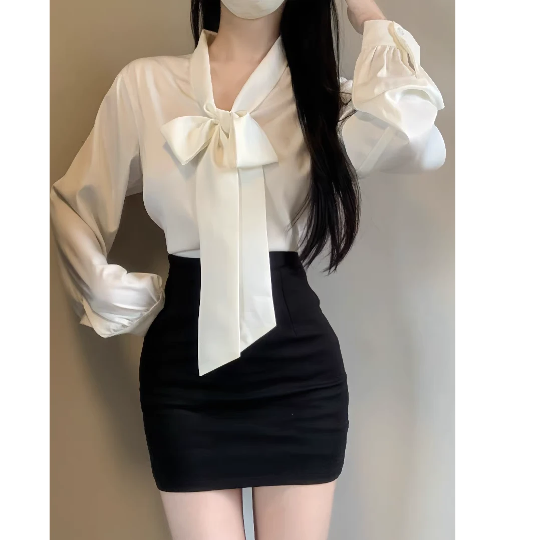 春秋季新款女装套装女高级感丝绸缎面蝴蝶结长袖衬衫包臀裙两件套