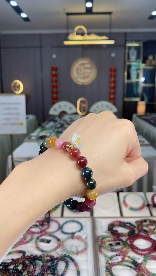 未镶嵌老矿碧玺色标彩虹单圈手串9mm+碧玺dan多样性发货一条