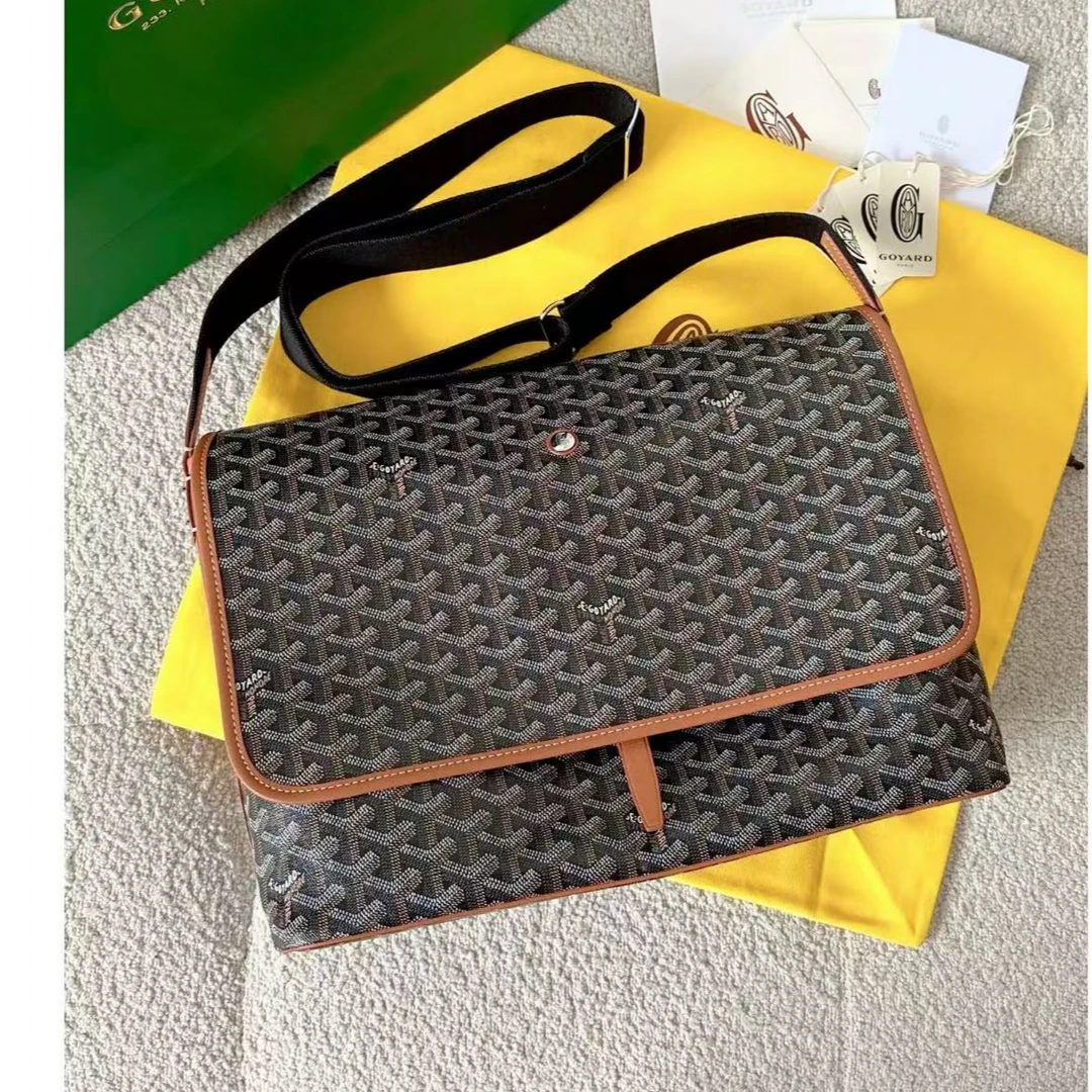 99新 Goyard 帆布拼皮信封包 焦糖色中号邮差包