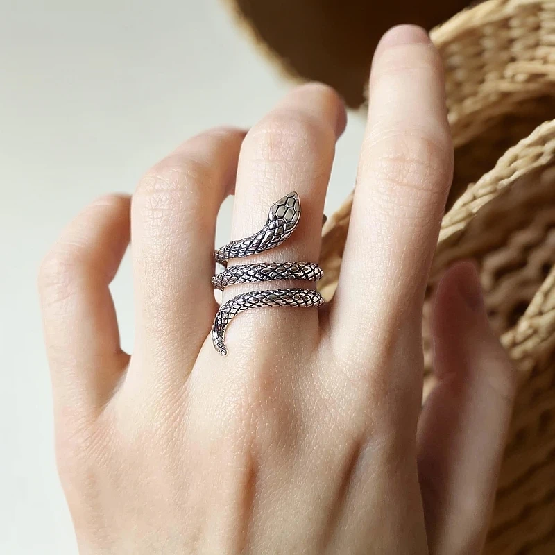 铜合金戒指 复古两圈蛇戒时尚开口可调节百搭设计感小众多层指环