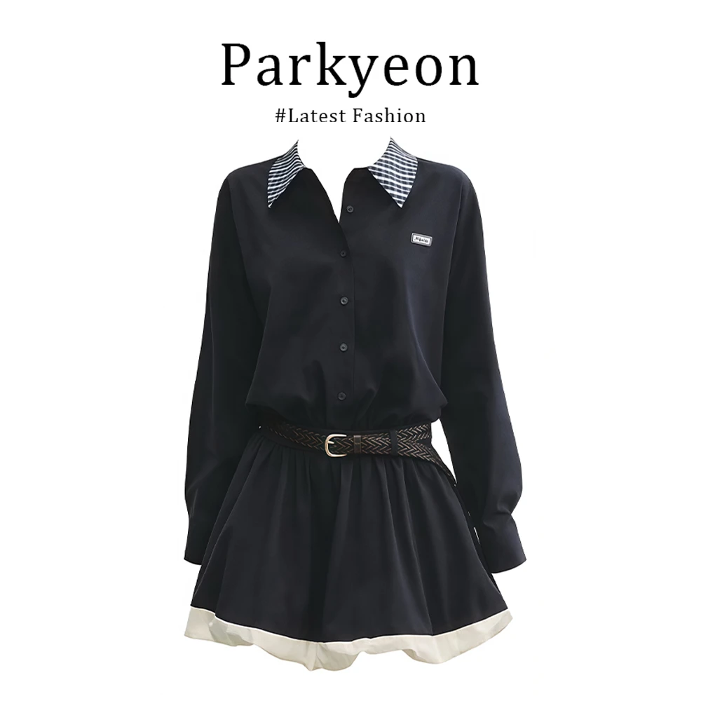 parkyeon格纹翻领长袖连衣裙女2025早秋学院风收腰花苞衬衫短裙