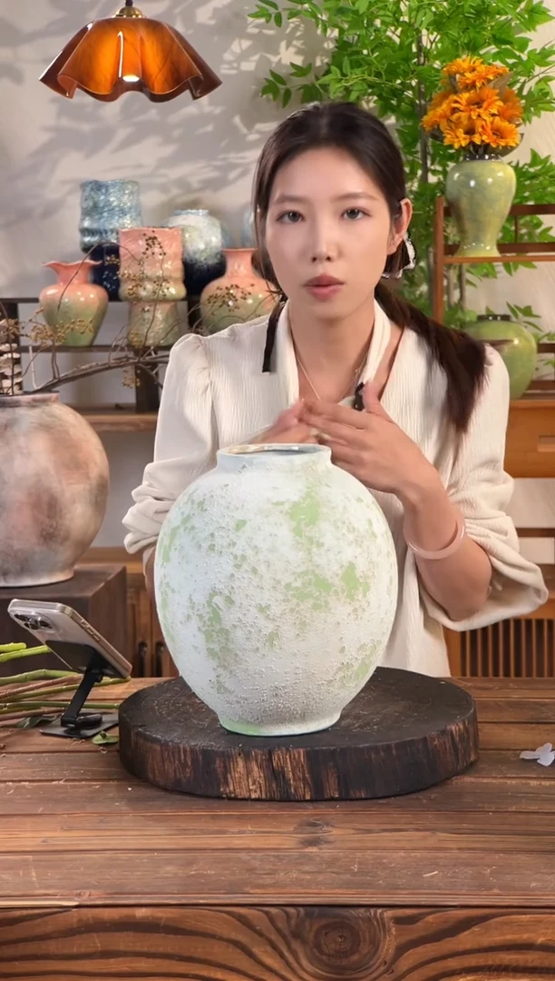 【斑点绿月亮罐】侘寂风斑驳陶罐水培陶瓷花瓶【口10直径24高24.5cm】