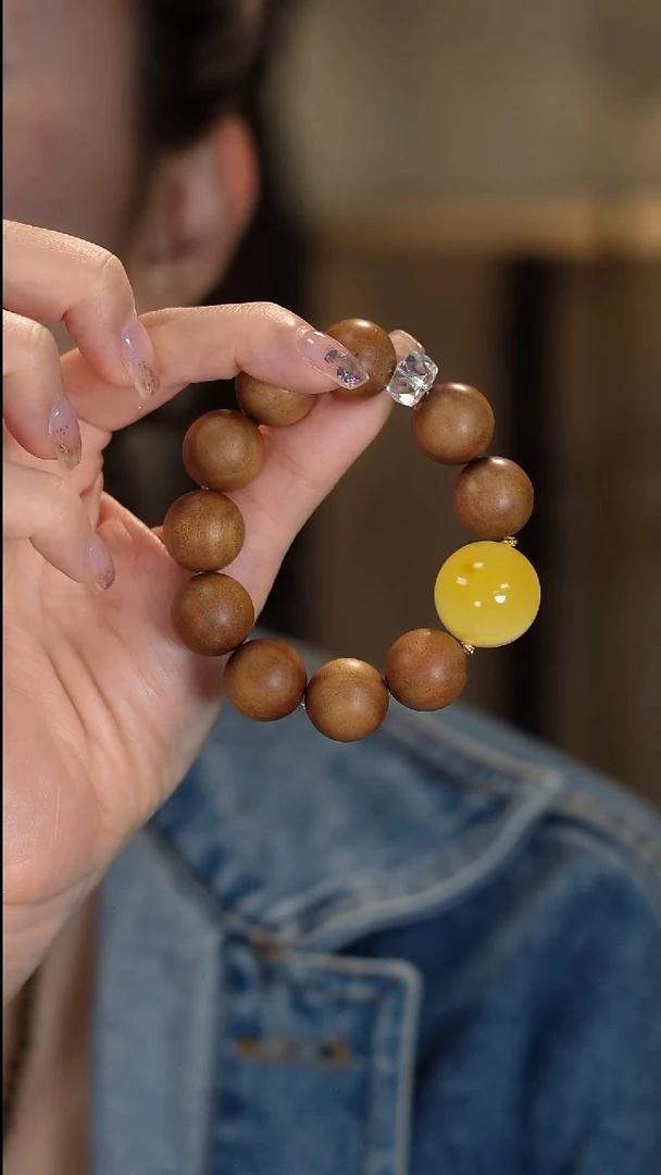 手串蜜蜡18K金镶嵌蜜蜡老山檀
