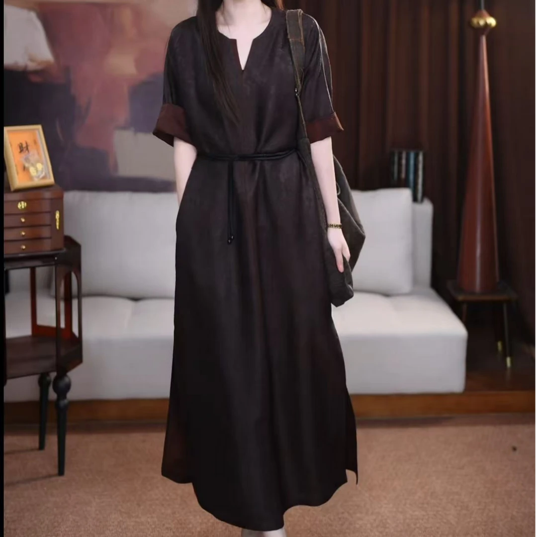 【婷洵】香云纱长款百搭时尚宽松春夏清凉气质新中式国风连衣裙