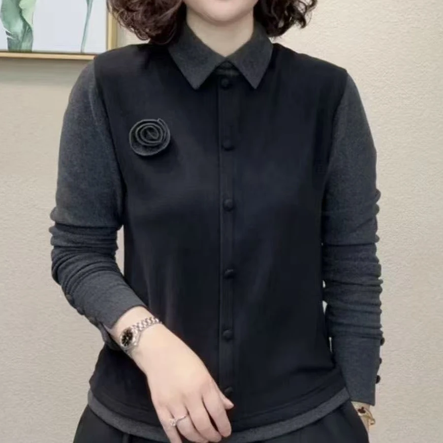037#秋冬季设计感立体玫瑰拼色上衣百搭德绒打底衫翻领假两件衬衫