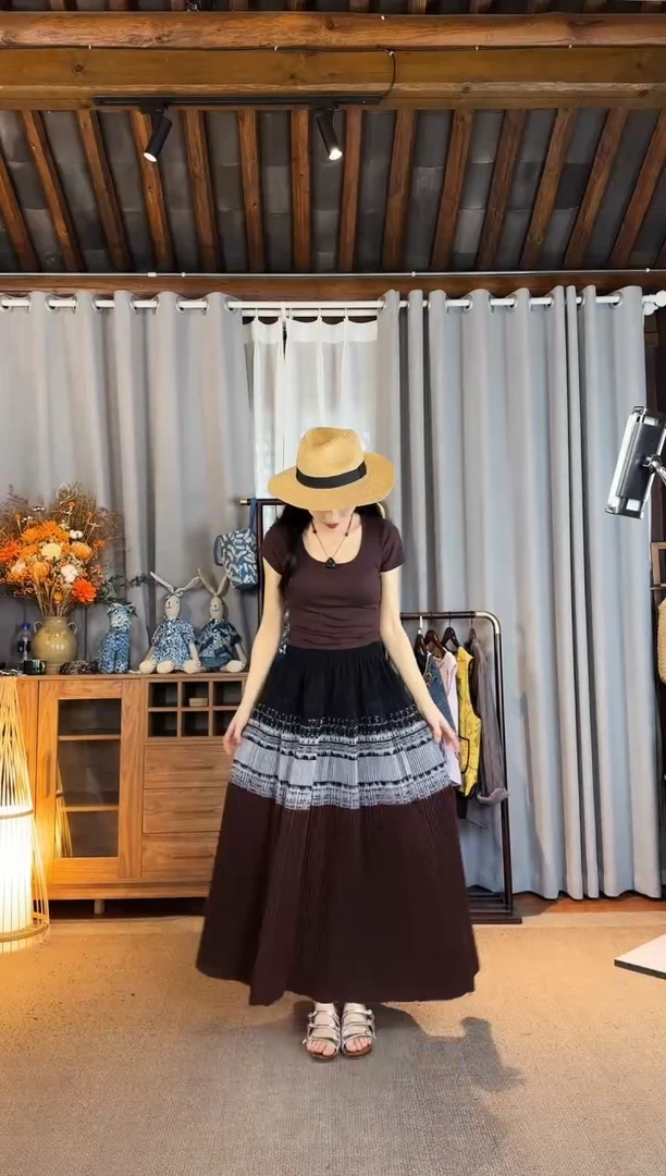 设计师款古布柿子蜡染百褶裙