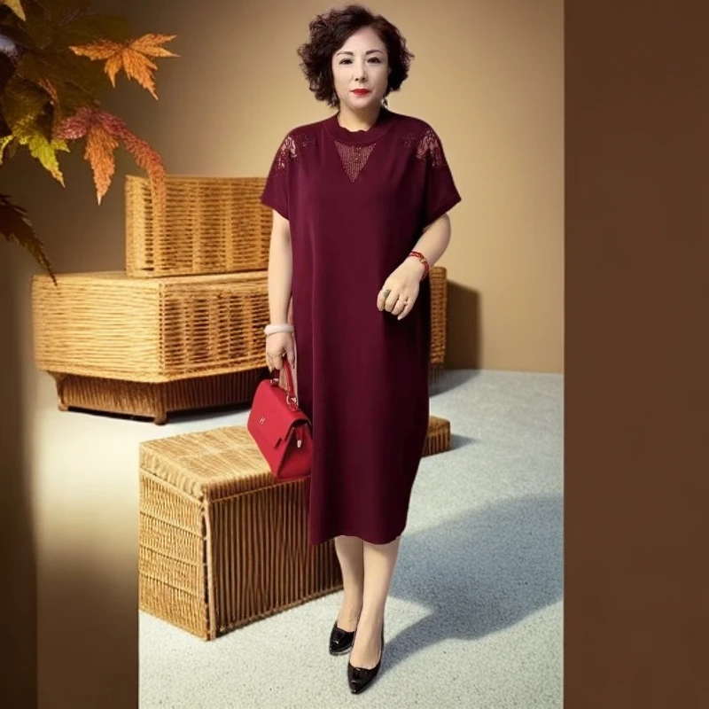 80115春秋新款显瘦气质打底裙中年妈妈装冰麻针织提花长款连衣裙