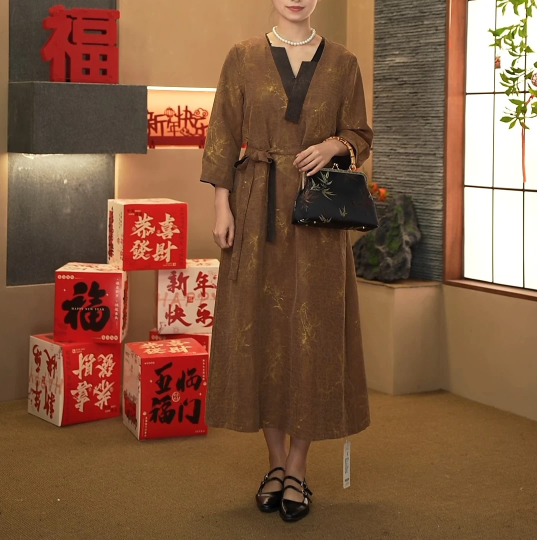 小师妹100%桑蚕丝香云纱龟裂纹老料连衣裙（99198）