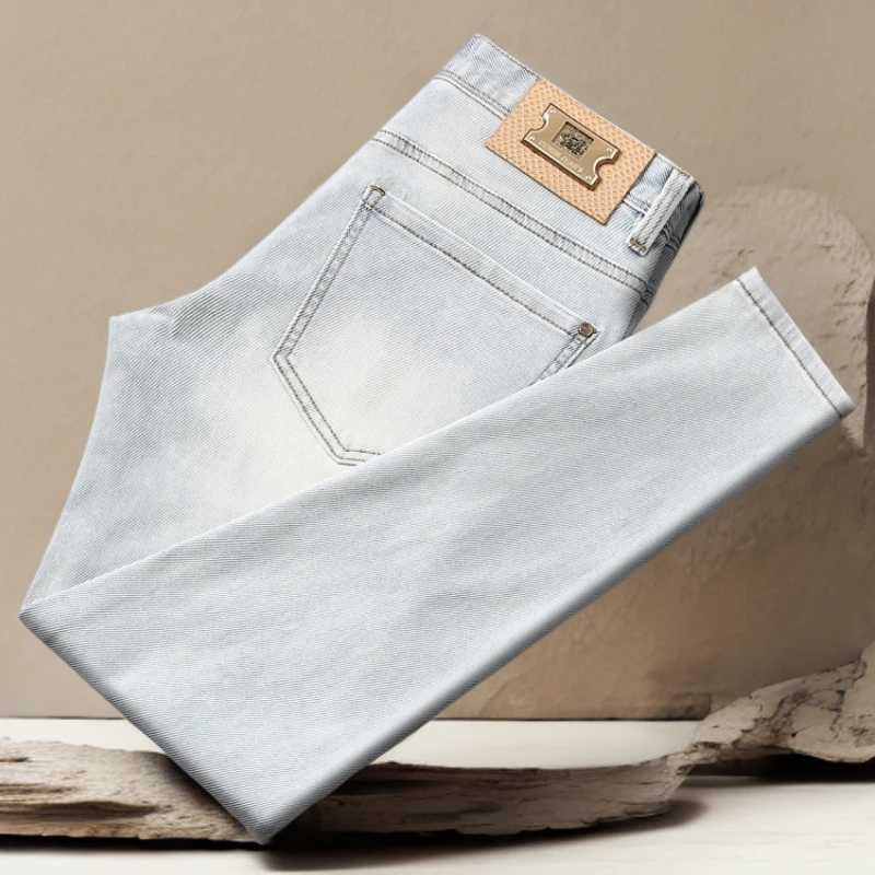 诺顿雷斯夏天男新款弹力修身小直筒长裤怀旧潮流复古浅蓝色牛仔裤