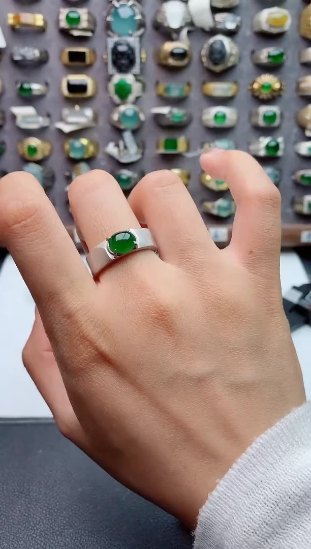 银S925镶嵌戒指翡翠天然翡翠男戒