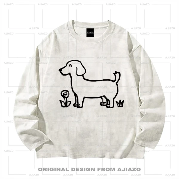 OFF M【开心腊肠狗】纯棉扎染长袖T恤 重磅宽松男女同款休闲上衣