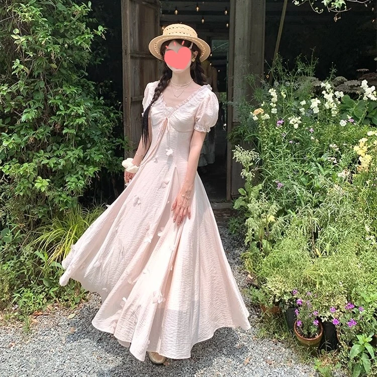 法式夏季2025新款粉色V领泡泡袖连衣裙女茶里茶气时尚修身小裙子