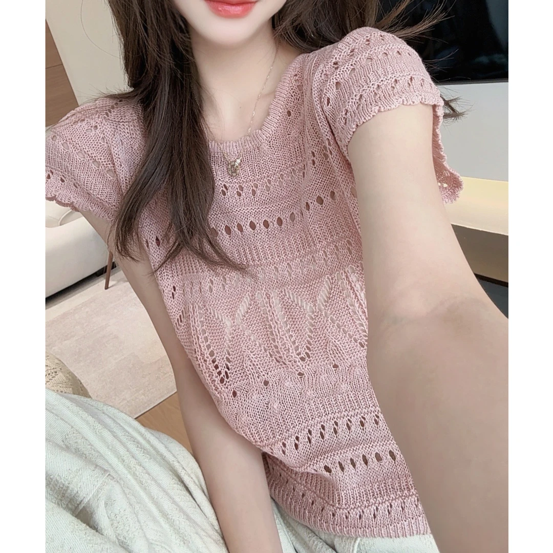 新款洋气温柔减龄设计感镂空上衣慵懒宽松显瘦简约风针织衫H7-42
