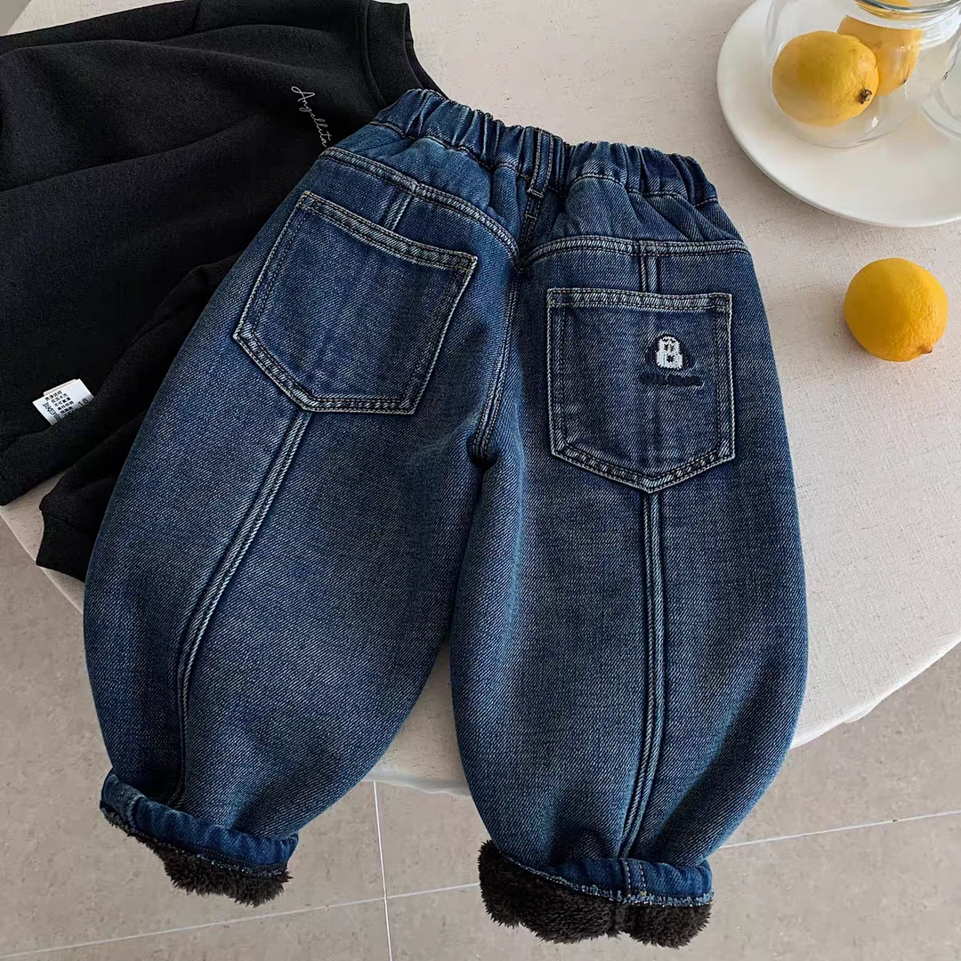 儿童加绒裤子冬季男童牛仔裤加厚羊羔绒裤子中小童保暖羊驼绒裤潮
