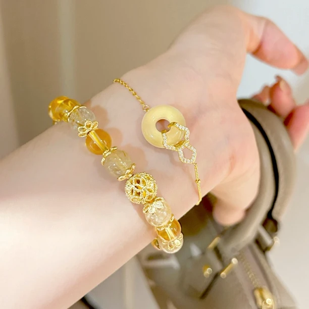 高冰黄水晶金发晶小霸王手链女招财轻奢精致小众虎眼石转运珠手串