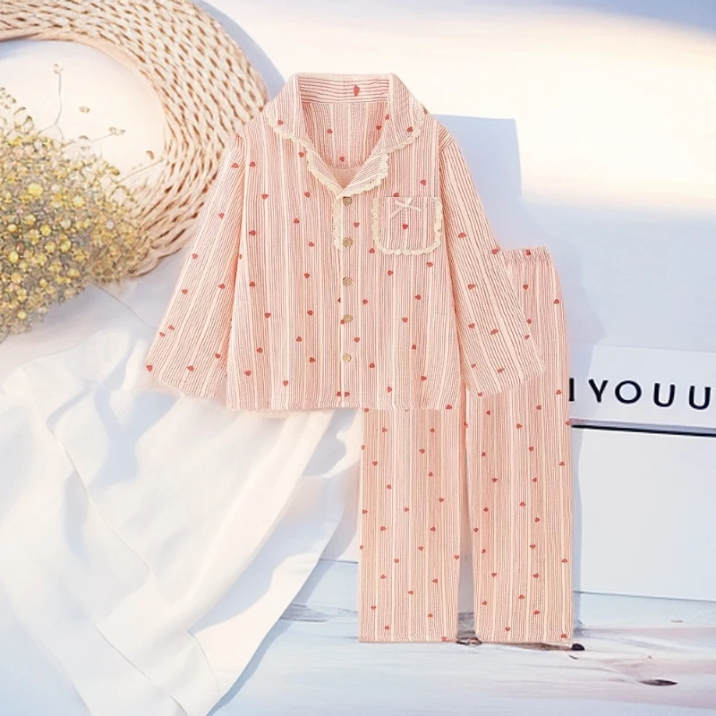『甜桃红芙』纯棉纱布睡衣女春秋季2025年新款条纹爱心家居服套装