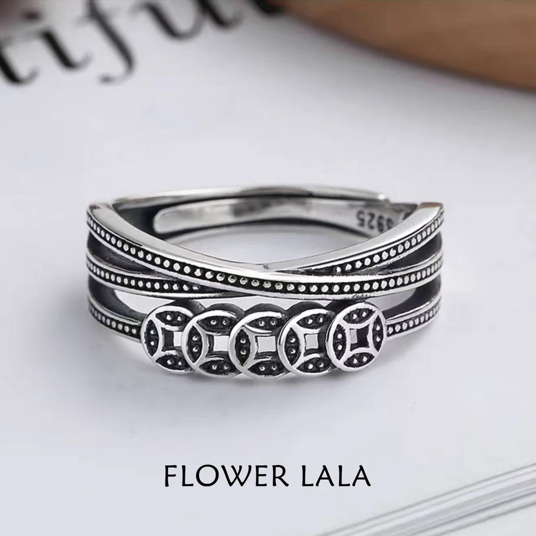 925银戒指 LALA丨《铜钱》复古做旧国潮风多层缠绕设计感男女同款