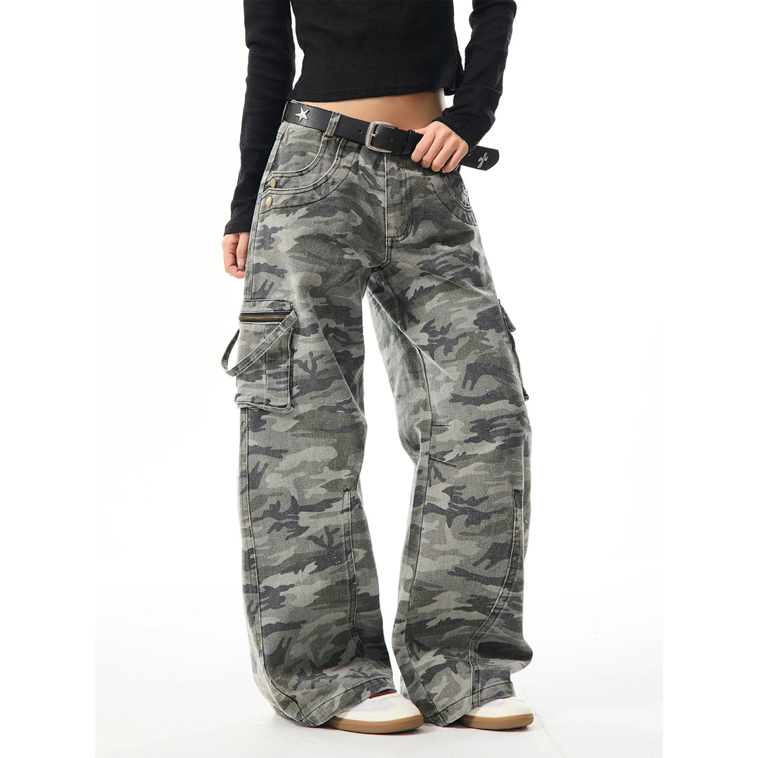 MAIKAO口袋迷彩工装裤裤子阔腿裤女小个子低腰宽松直筒休闲裤