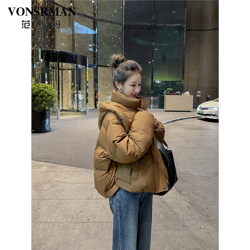 咖色短款加厚羽绒服女2025年冬季新款韩版宽松小个子90白鸭绒外套