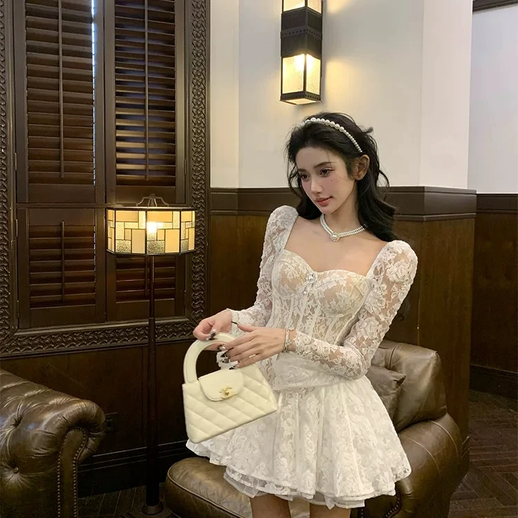 大码法式春季甜辣蕾丝镂空连衣裙纯欲风生日公主裙收腰裙子10810