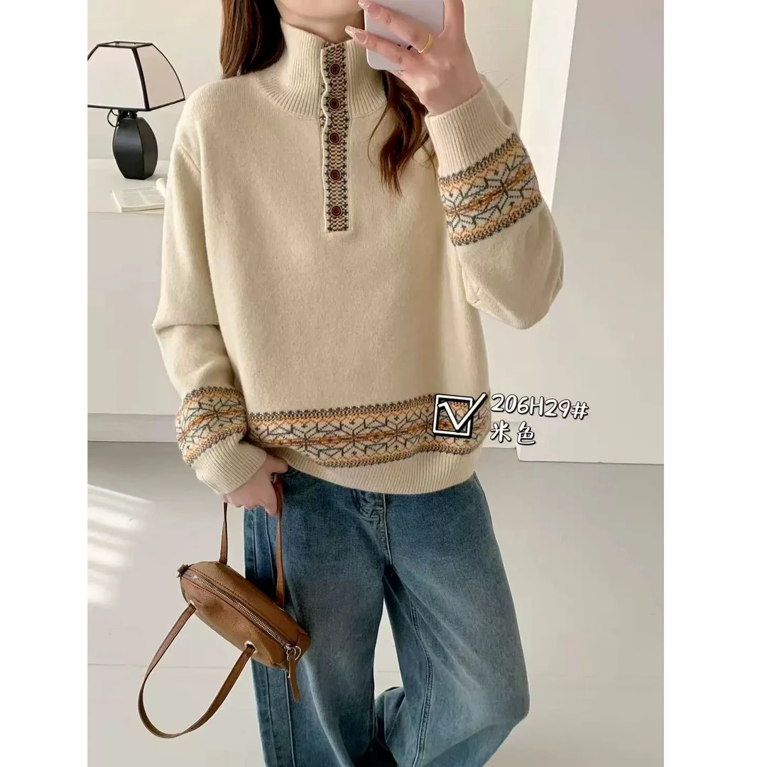 【运费补贴】花边齿轮费尔岛套头女打底毛衣针织衫显瘦外套