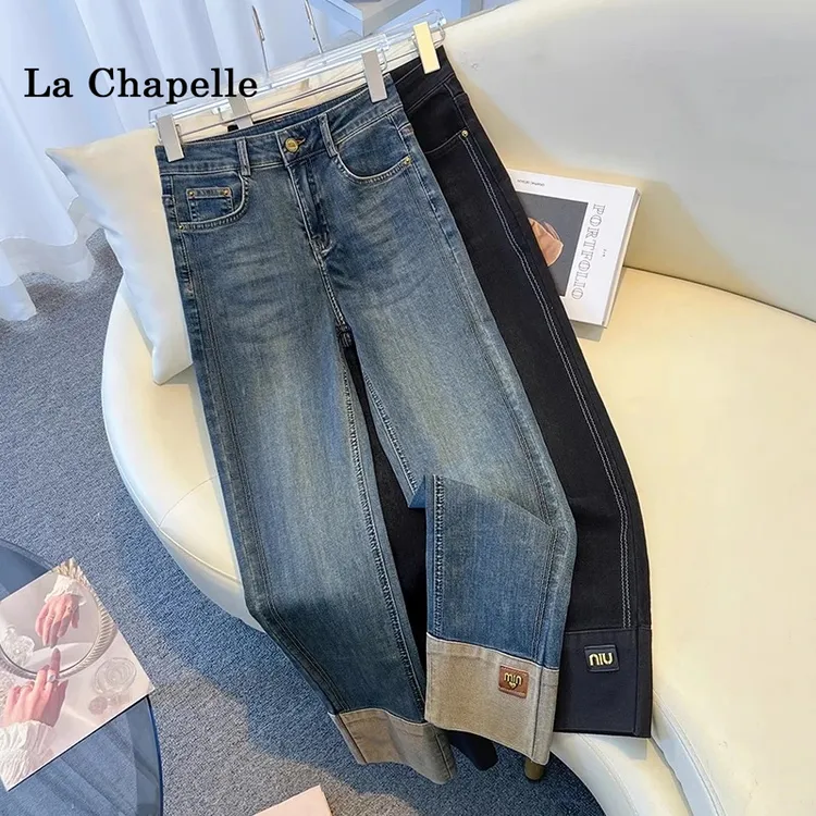 拉夏贝尔美式复古拼接烟管牛仔裤女秋冬季2026新款修身直筒九分裤