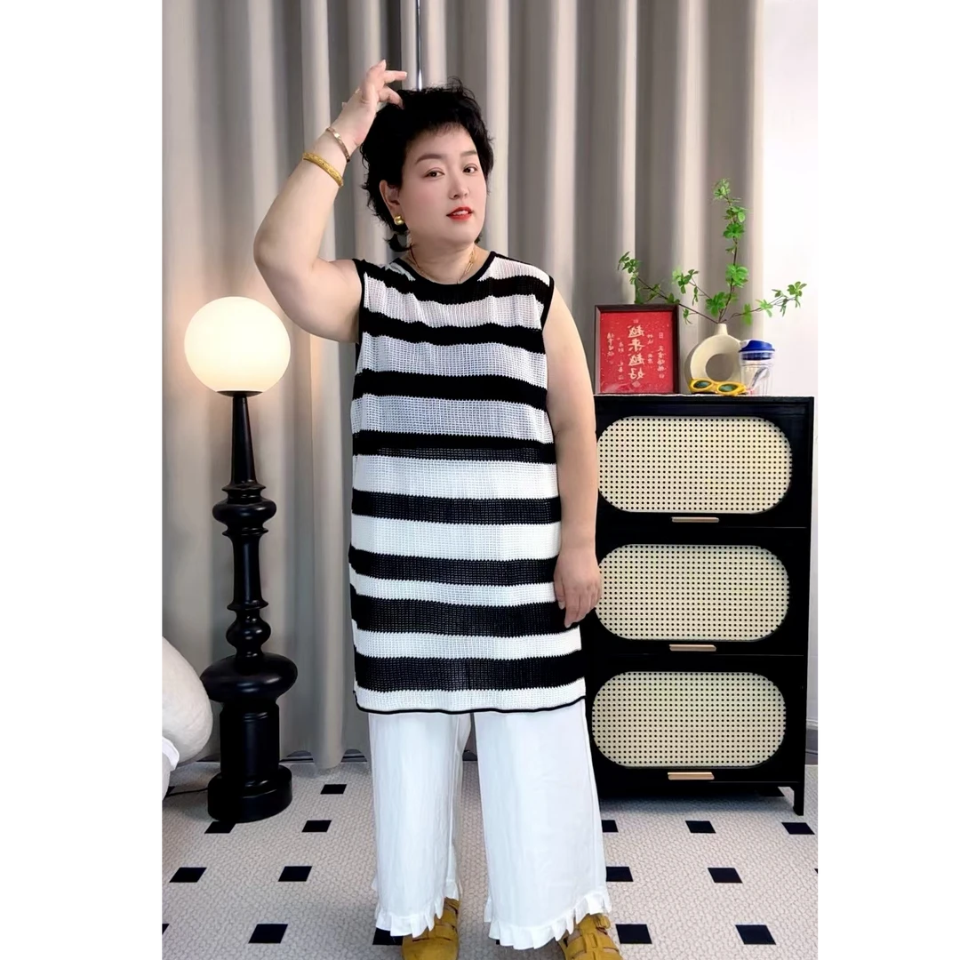 大码圆领宽松条纹针织衫女2025新款爆款夏季薄款冰丝镂空无袖上衣