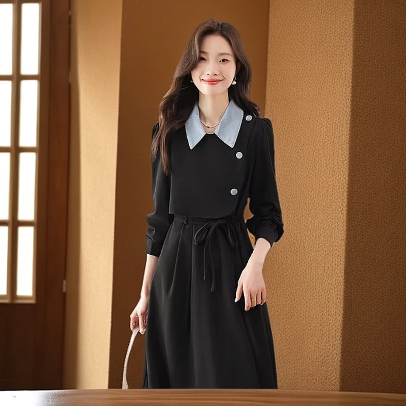 歌弟阿玛施时尚新款春秋高腰显瘦设计感小众法式桔梗黑色连衣裙