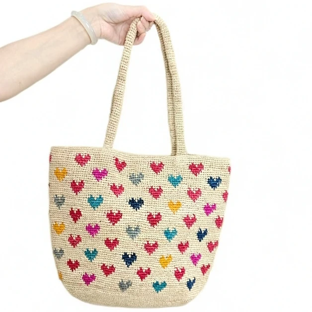 纯手工拉菲草春夏编织休闲简约爱心托特