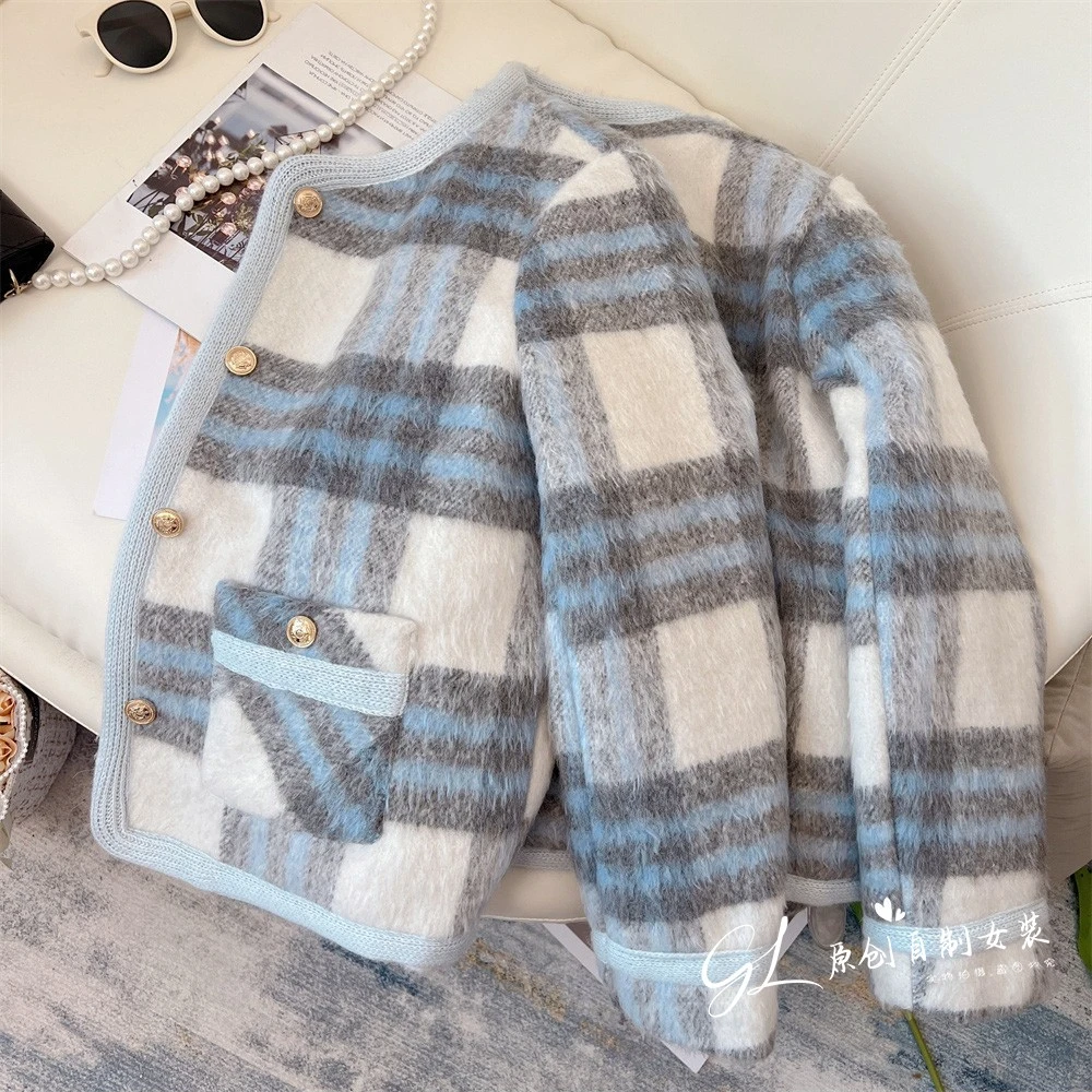 2468#奶油蓝小香风内里加厚外套女冬季2025新款气质格子上衣
