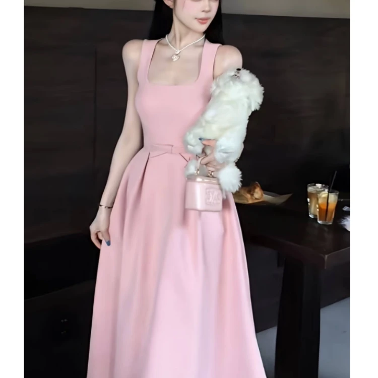 法式甜美长裙春秋收腰显瘦设计感气质优雅宴会蝴蝶结粉色连衣裙女