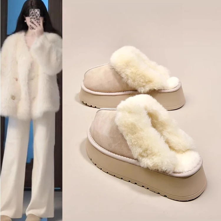 厚底雪地靴毛毛拖鞋女外穿包头半拖2025新款冬季一脚蹬加绒棉拖鞋