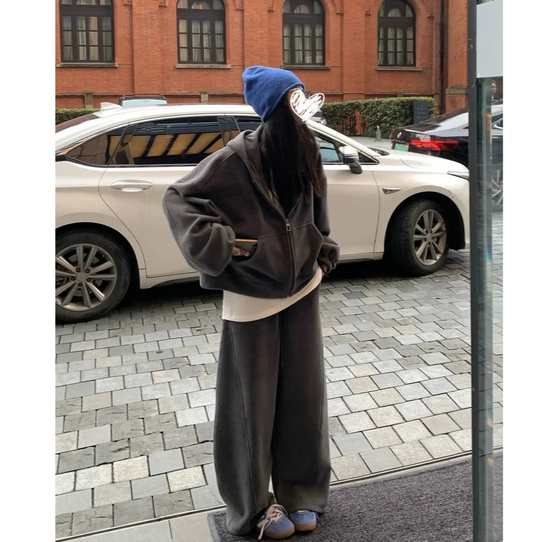 秋冬百搭衣服女慵懒风一整套奥粒绒连帽卫衣外套+宽松阔腿裤套装
