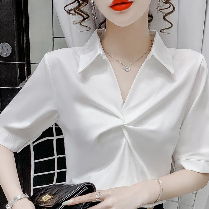 法式白色短袖雪纺衬衫女士夏季2025年新款收腰短上衣设计感小众春