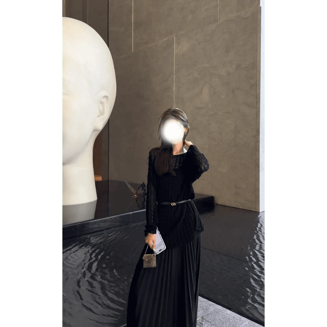 MARIE.COCO法式高级设计感镂空罩衫上衣女秋季高腰显瘦半身裙套装