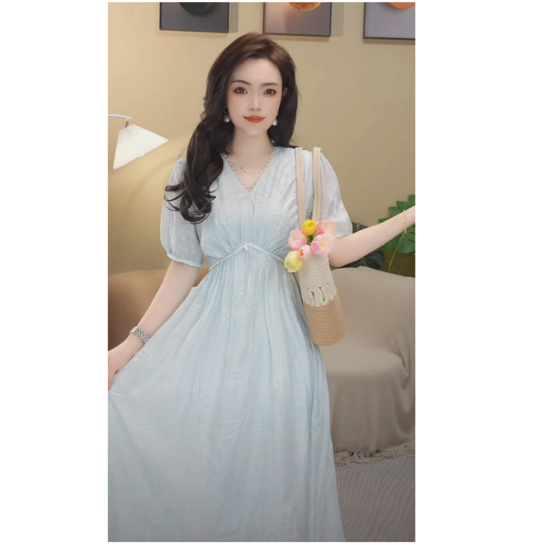 苏陌天丝法式高级感v领收腰连衣裙气质公主时尚夏季长款连衣裙