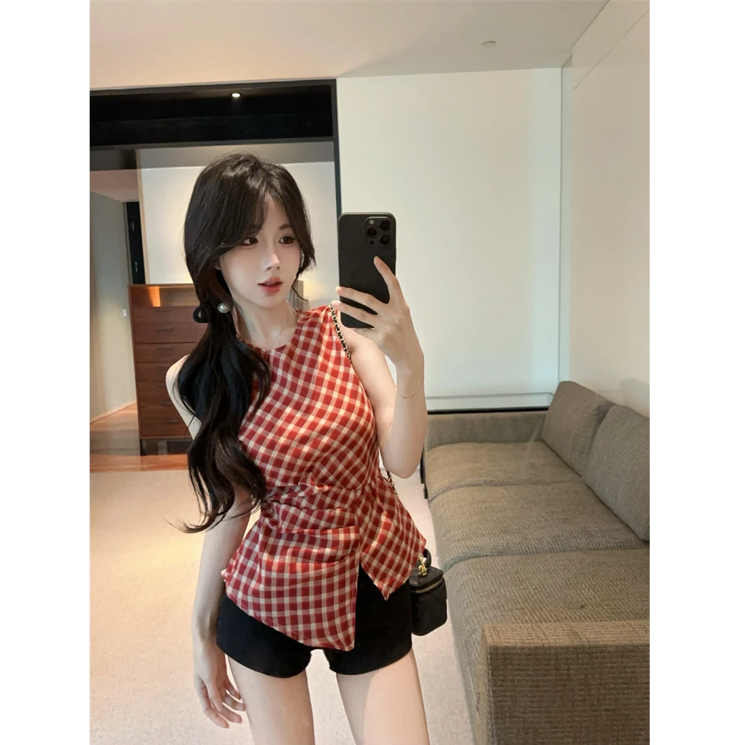 夏季新款法式别致复古格子背心开叉无袖修身上衣百搭黑色短裤