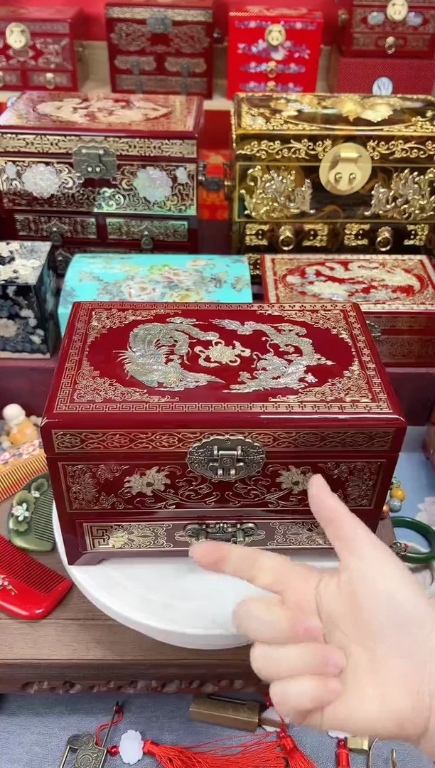 真**！ 24厘米新款三层单抽掐丝螺钿镶嵌酒红龙凤