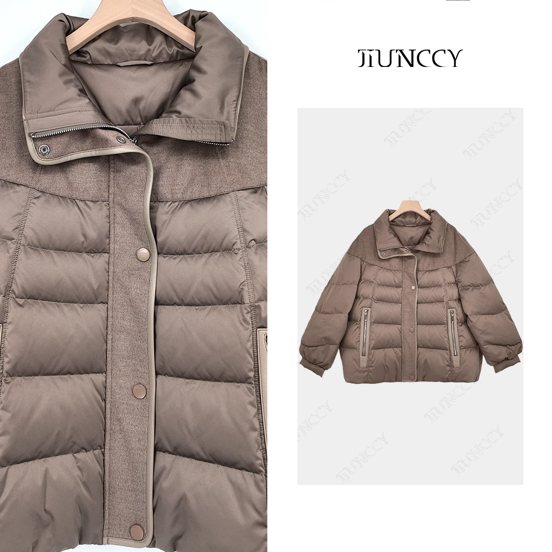 JIUNCCY 【暖心】羊毛混纺拼羊皮口袋门襟90白鹅绒羽绒服 52YYRF012