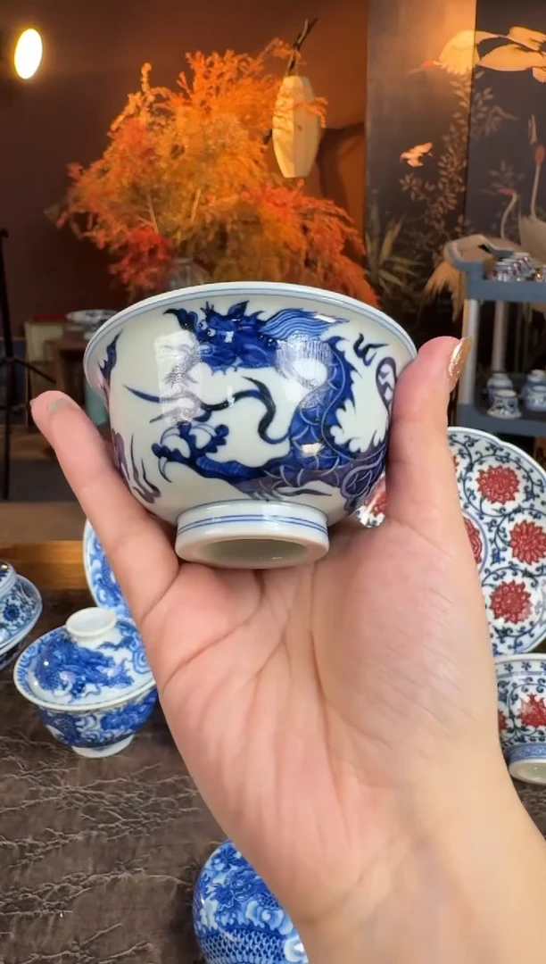 杯子陶瓷三方器合青花元龙大压手杯